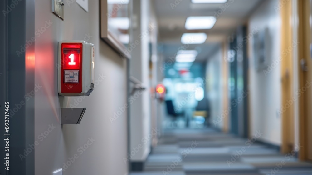 Red emergency alarm on the wall in a modern office hallway with blurred background. Safety and security concept. Red emergency alarm on the wall in a modern office hallway with blurred background. Safety and security concept.