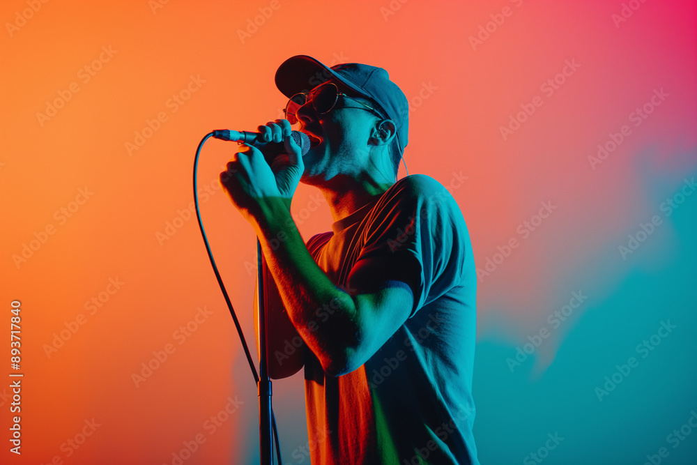 Silhouette of Male Singer Performing with Microphone Against Vibrant Orange Background Silhouette of Male Singer Performing with Microphone Against Vibrant Orange Background