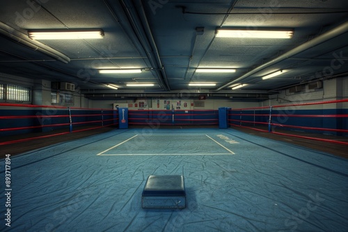 A spotless boxing ring, empty and quiet, awaiting the next intense match. The ropes are taut, the canvas is clean, and the atmosphere is electric. photo