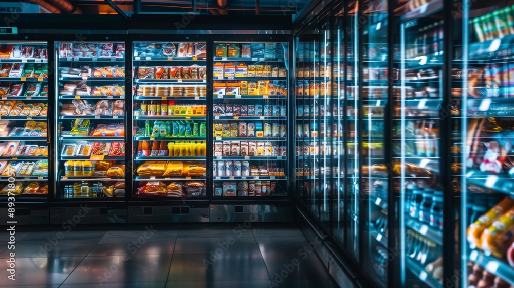 Un pasillo de cámaras frigoríficas con productos refigerados frescos en el interior de un supermercado, sección de refrigerados Un pasillo de cámaras frigoríficas con productos refigerados frescos en el interior de un supermercado, sección de refrigerados