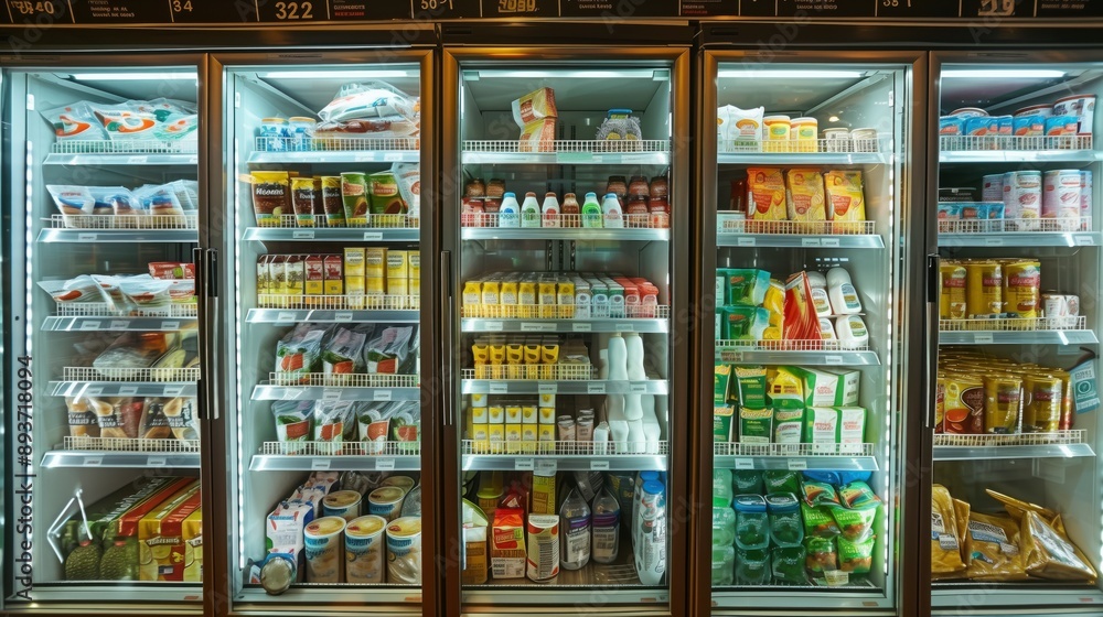Un pasillo de cámaras frigoríficas con productos refigerados frescos en el interior de un supermercado, sección de refrigerados Un pasillo de cámaras frigoríficas con productos refigerados frescos en el interior de un supermercado, sección de refrigerados