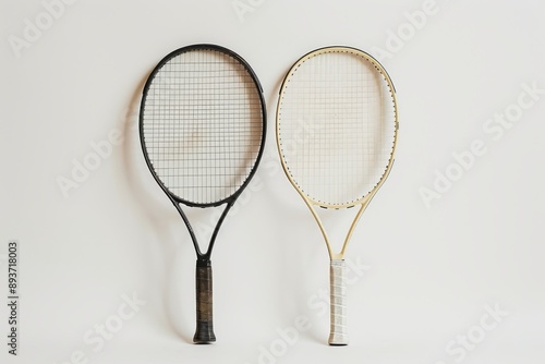 Two tennis rackets are placed side by side, showcasing their clean and sleek design. The rackets are free of any dirt, scratches, or other imperfections.