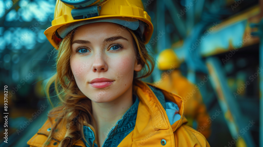 Une ingénieure en casque jaune sourit sur le chantier. Sa beauté et son professionnalisme transparaissent malgré le casque, tandis qu'un enfant curieux observe. Une ingénieure en casque jaune sourit sur le chantier. Sa beauté et son professionnalisme transparaissent malgré le casque, tandis qu'un enfant curieux observe.