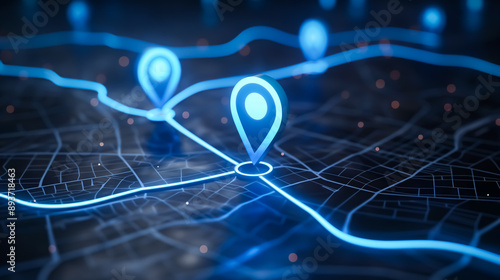 Futuristic GPS map with glowing location pins and digital pathways, showcasing advanced navigation and geolocation technology