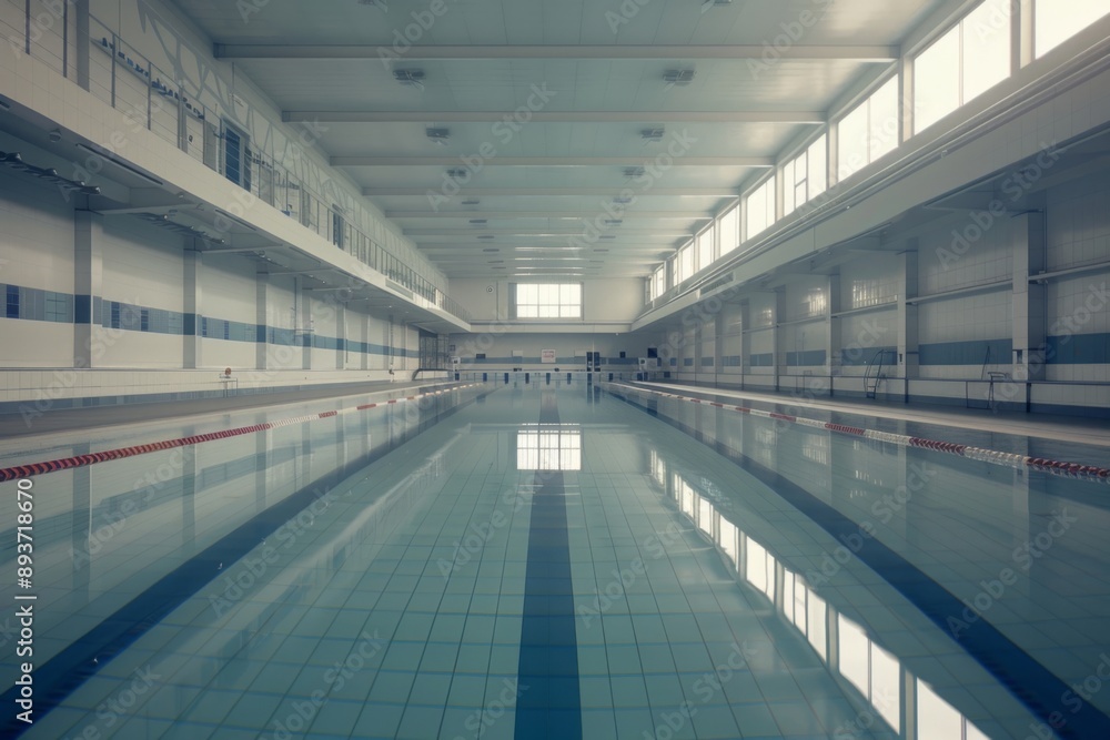 An empty Olympic-sized swimming pool, meticulously maintained and devoid of any spectators. An empty Olympic-sized swimming pool, meticulously maintained and devoid of any spectators.