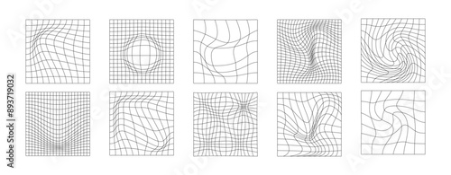 Distorted grid set. Geometry wireframe backgrounds in trendy psychedelic rave style. Y2k retro futuristic aesthetic design PNG.