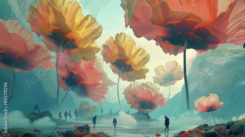 Surreal scene with giant flowers photo