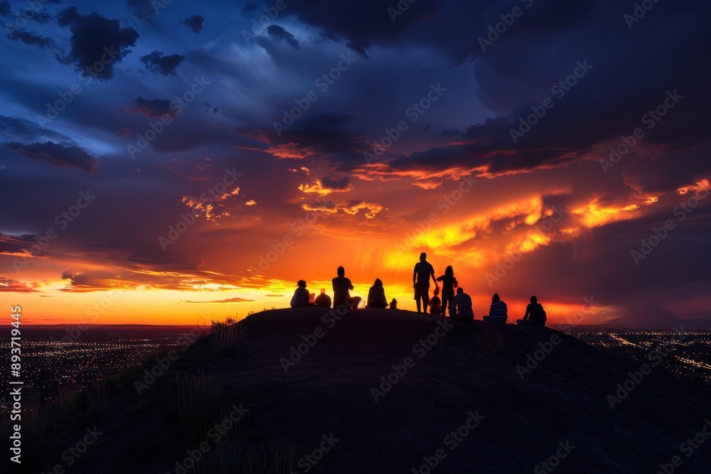 Fototapeta premium As the sun set behind dark storm clouds, people gathered on top of an empty hilltop were silhouetted against the sky Generative AI