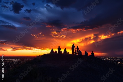 As the sun set behind dark storm clouds, people gathered on top of an empty hilltop were silhouetted against the sky Generative AI