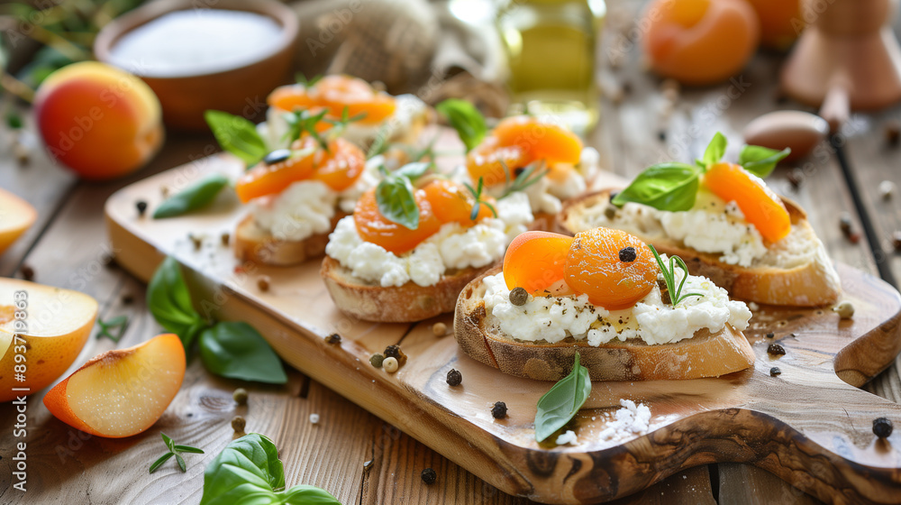 Bruschetta with apricot, ricotta cheese and mint leaves Bruschetta with apricot, ricotta cheese and mint leaves