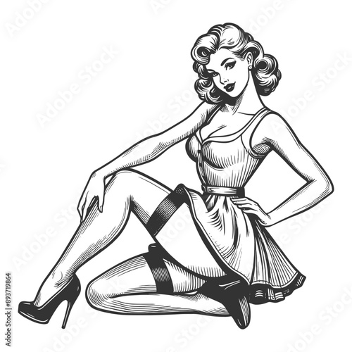 vintage pin-up girl posing in a playful and alluring manner, retro fashion sketch engraving generative ai fictional character vector illustration. Scratch board imitation. Black and white image.