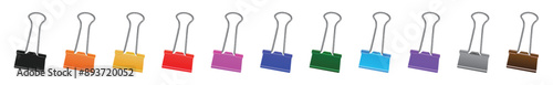 Metallic clips in colorful designs. Set of paper binder clips.