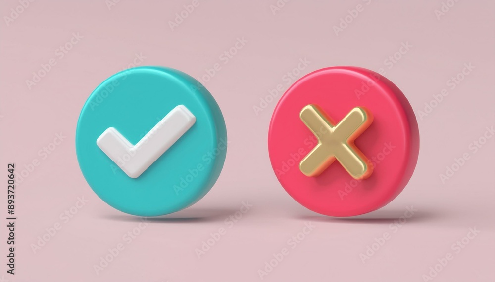 Obraz premium Realistic right and wrong 3D Button. A set of glossy round icons with a check mark, a sign of the cross. 3d minimalist style. Symbols of acceptance, rejection and attention.