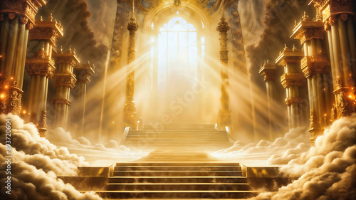 Celestial Sanctuary with tall golden pillars environment with clouds and fog effects illustration