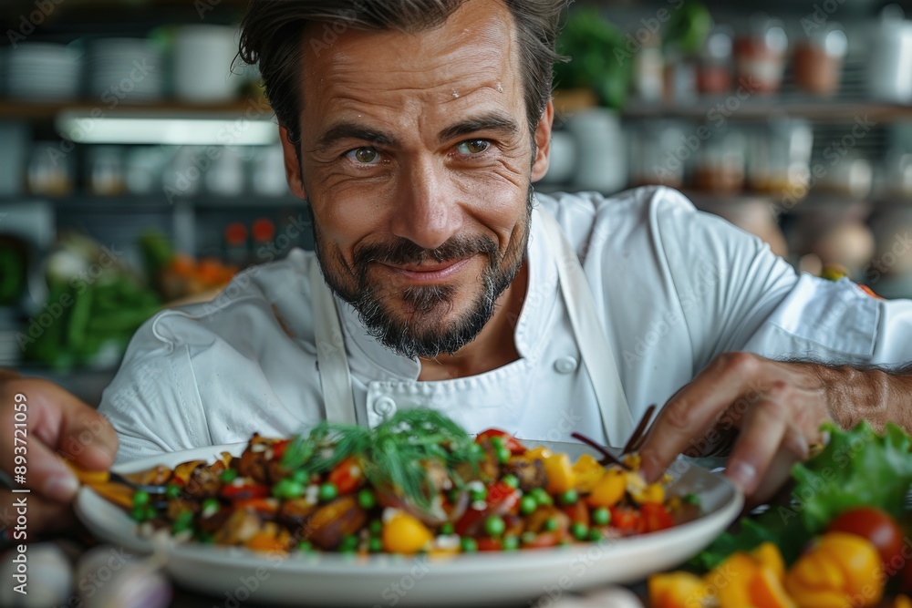 A chef in a professionally equipped kitchen garnishes a freshly prepared, colorful gourmet dish with herbs and spices, exhibiting exceptional culinary skills and creative flair. A chef in a professionally equipped kitchen garnishes a freshly prepared, colorful gourmet dish with herbs and spices, exhibiting exceptional culinary skills and creative flair.