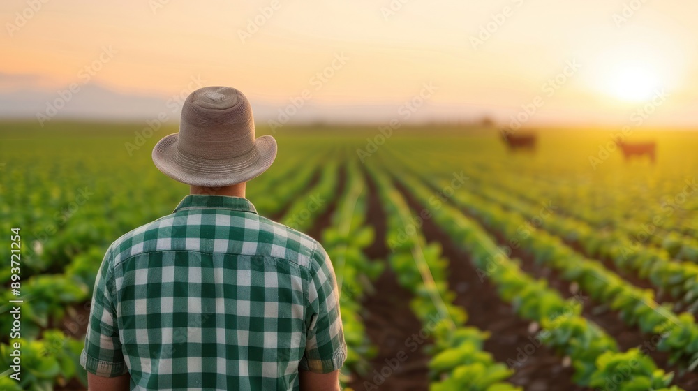 custom made wallpaper toronto digitalFarmer in plaid shirt and hat standing in lush green crop field, admiring sunset. Agriculture, farming, rural life, nature beauty.