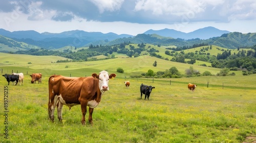 Cows grazing on a lush green meadow with rolling hills and mountains in the background under a cloudy sky on a beautiful day.