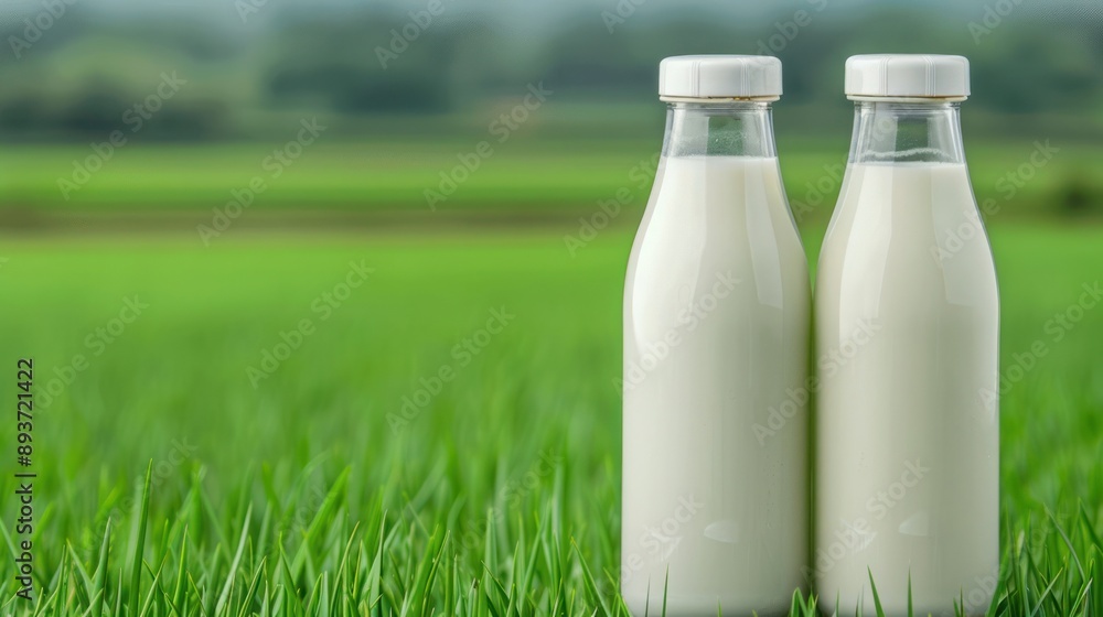 Two glass bottles filled with fresh milk standing on green grass in a countryside setting with a blurred background Two glass bottles filled with fresh milk standing on green grass in a countryside setting with a blurred background