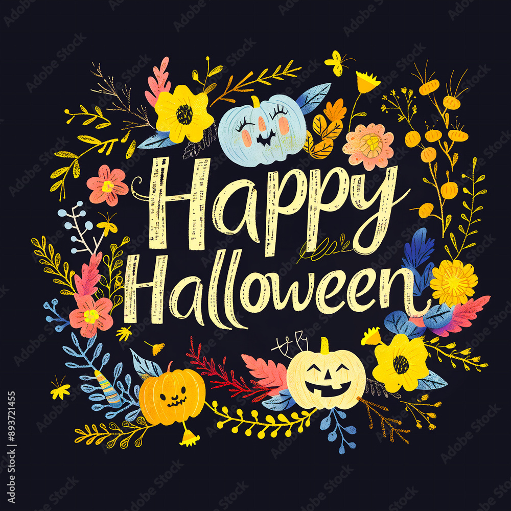 Happy Halloween template or party invitation card background with pumpkins, and flowers decorated with vines and leaves, 