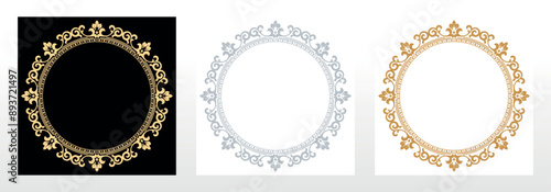 Set of decorative frames Elegant vector element for design in Eastern style, place for text. Floral black, golden and gray borders. Lace illustration for invitations and greeting cards