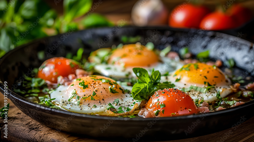 Fried eggs with bacon and tomatoes in a frying pan on a wooden table Fried eggs with bacon and tomatoes in a frying pan on a wooden table