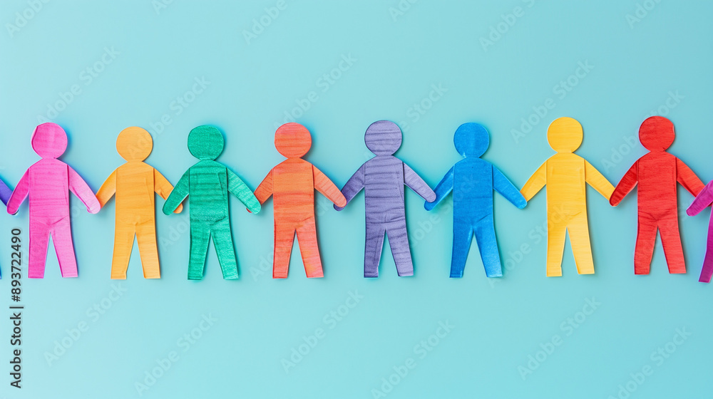 Diverse paper dolls holding hands on a blue background. Diverse paper dolls holding hands on a blue background.
