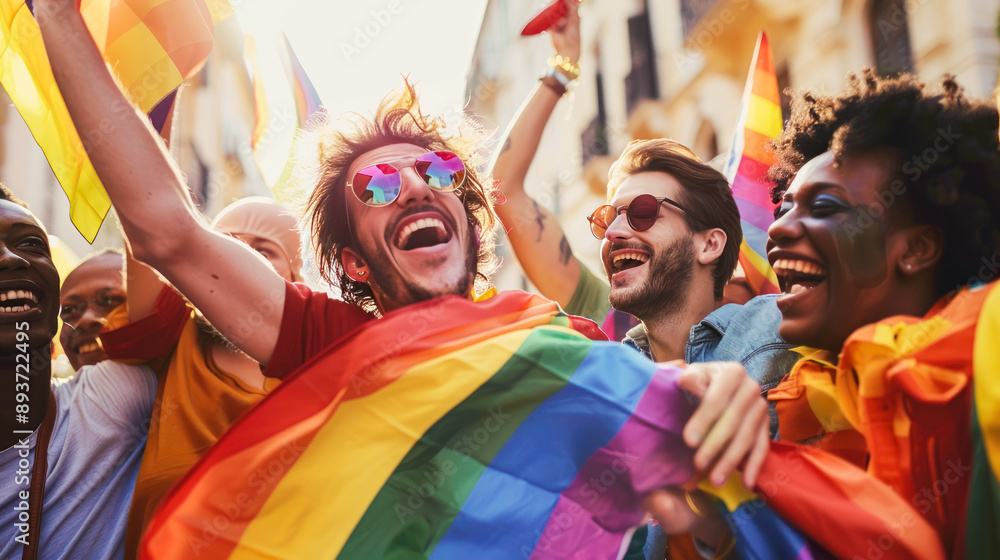 crowd of happy people with rainbow flags at LGBT pride parade. Positive multiracial people with rainbow flags celebrating diversity and freedom. LGBTQ+ Community crowd of happy people with rainbow flags at LGBT pride parade. Positive multiracial people with rainbow flags celebrating diversity and freedom. LGBTQ+ Community