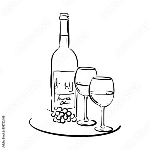 Bottle of wine, two glasses and a basket of grapes. Vintage drawing in sketch style. Vector doodle