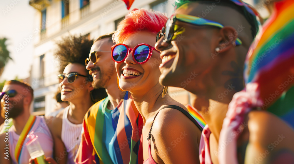 crowd of happy people with rainbow flags at LGBT pride parade. Positive multiracial people with rainbow flags celebrating diversity and freedom. LGBTQ+ Community crowd of happy people with rainbow flags at LGBT pride parade. Positive multiracial people with rainbow flags celebrating diversity and freedom. LGBTQ+ Community