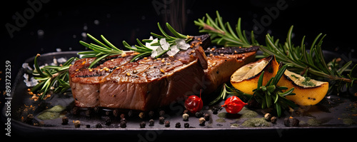 Roe deer grilled steak on dark background.
