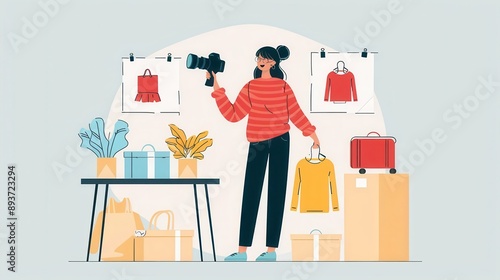 Blogger filming fashion content with camera, showcasing outfits and accessories in a stylish setting. Engaging in creative content creation. © nunoi