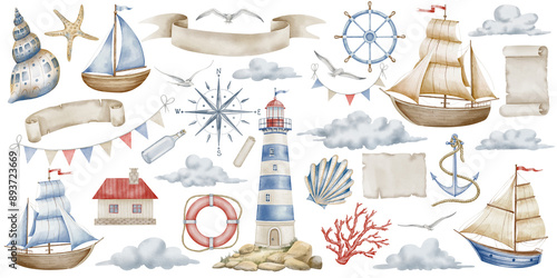 Fotografia Watercolor clipart with Sailboat and Lighthouse for Baby design in nautical style