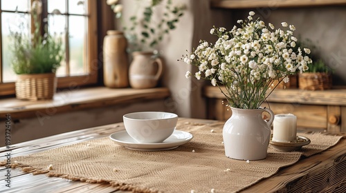 Wallpaper Mural Wooden table in a country kitchen with white dishes and a vase of white wildflowers on a linen napkin Torontodigital.ca