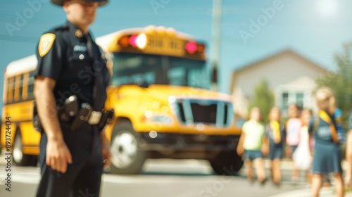 Positive Police Presence Ensuring School Zone Safety - Police officer directing school bus with children and teachers in background at elementary school