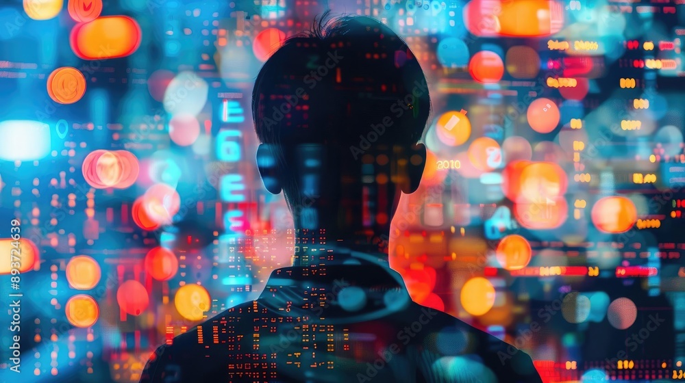 Fototapeta premium Futuristic technology interface, back view (close up, focus on, copy space) vibrant colors, double exposure silhouette with digital data