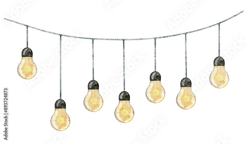 Watercolor illustration of String of Hanging Light Bulbs. Drawing of Lamp garland for party decoration design. Electric festoon for celebration on isolated background. Glowing bright strands