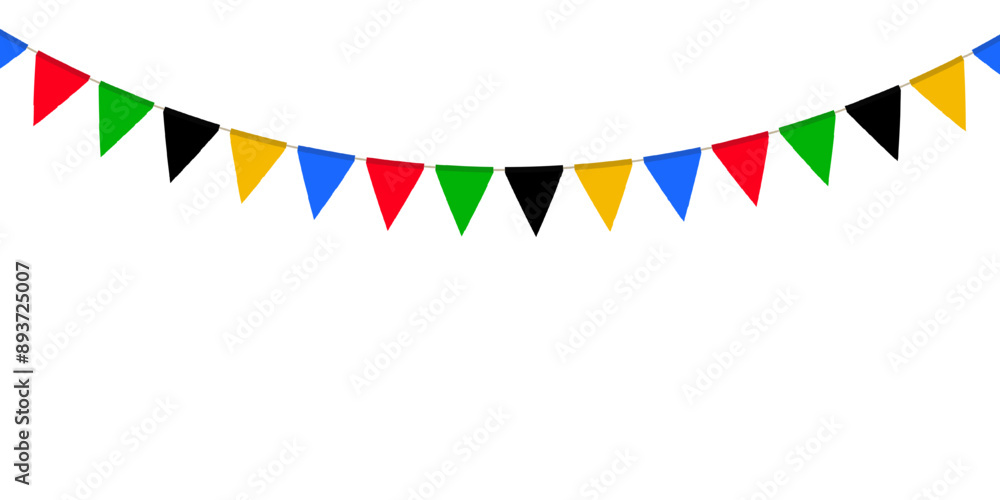 Obraz premium Red, green, black, yellow and blue flag garland. Triangle pennants chain. Party decoration. Celebration flags for decor