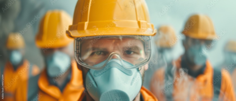 Resilient Workers in Safety Gear Standing at Coal Mine Entrance Amid Dust and Smoke - Harsh Working Conditions Concept Resilient Workers in Safety Gear Standing at Coal Mine Entrance Amid Dust and Smoke - Harsh Working Conditions Concept