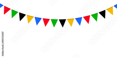 Red, green, black, yellow and blue flag garland. Triangle pennants chain. Party decoration. Celebration flags for decor