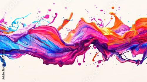 Vibrant color splash with ribbon strokes and brush paint effects, forming a flowing wave pattern.