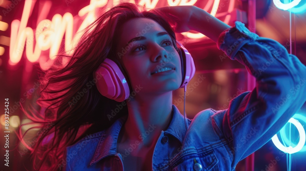 The woman with neon headphones The woman with neon headphones