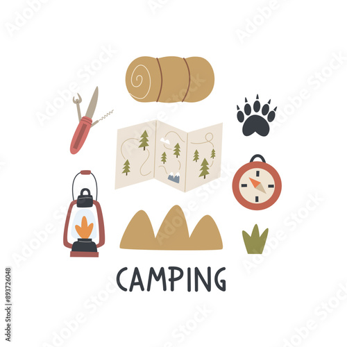 Cartoon camping thematic elements, hand drawing lettering. Colorful vector illustration, flat style. design for cards, print, poster, cover