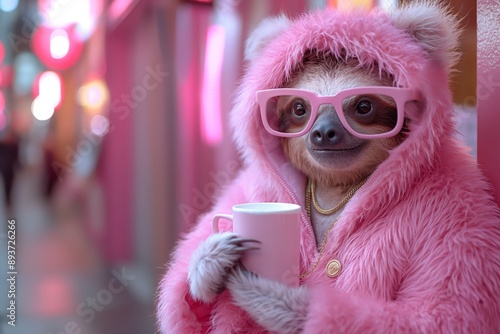 stylish classy modern fashionista sloth wearing pink sunglasses and pink firry coat at coffee shop	
