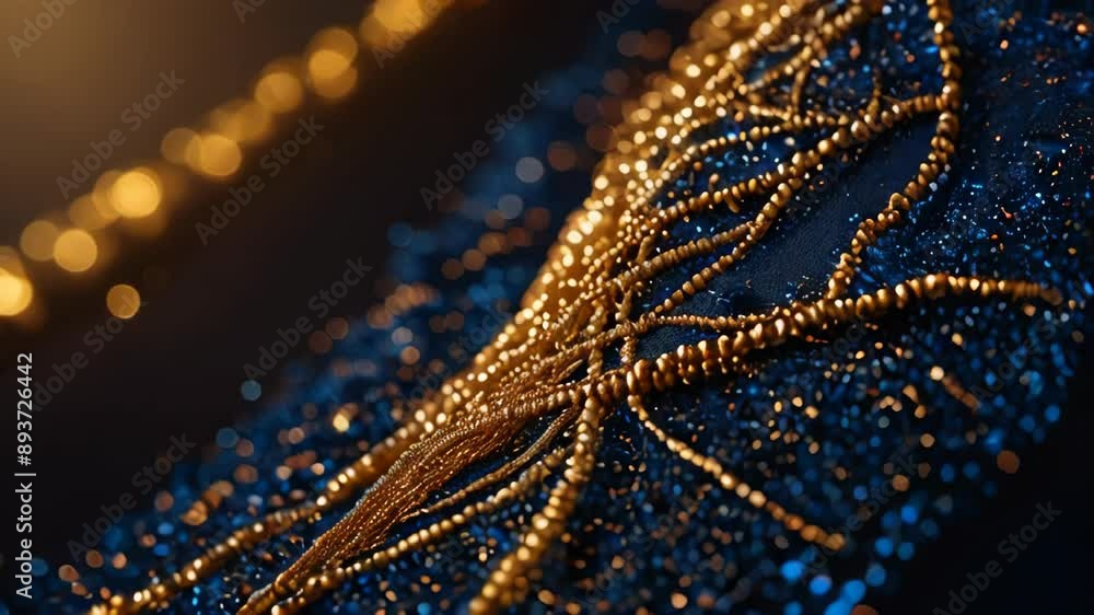 Dark blue and golden beads evening background with gold sparkles shimmering Dark blue and golden beads evening background with gold sparkles shimmering