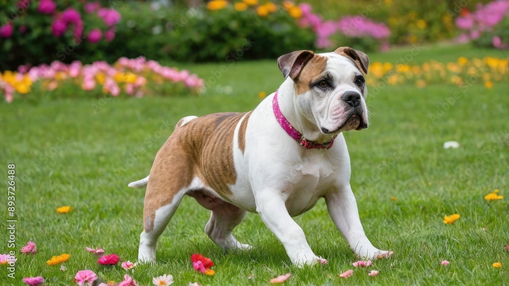 White and brindle american bulldog in flower field White and brindle american bulldog in flower field