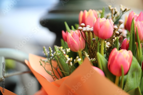 A closeup of bright pink tulip bouquet