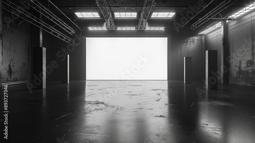 A blank white rectangle in a dark industrial space with concrete pillars and a reflective floor photo