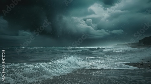 Fototapeta Naklejka Na Ścianę i Meble -  A dynamic photograph of a rainy beach scene