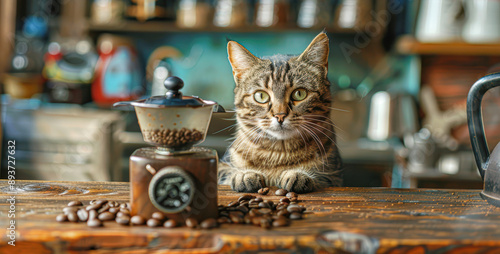 A cat is sitting on a counter next to a coffee grinder and a bag of coffee beans