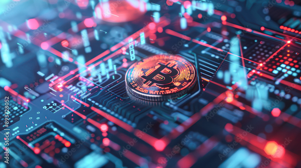 A coin with the letter B on it is on a computer chip A coin with the letter B on it is on a computer chip